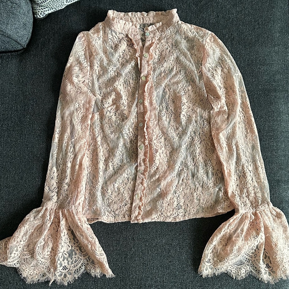 Pink Lace Coquette Bell Sleeve Top